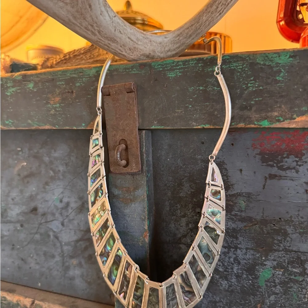 Vintage Statement Abalone Inlay Bib Necklace and Earrings Set - Silver Tone - Picture 2 of 7
